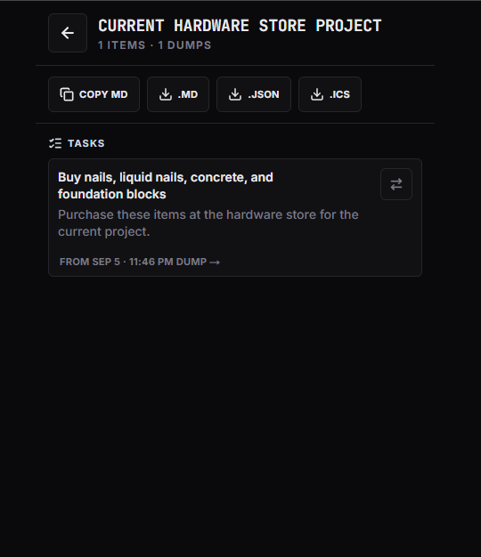 A Project's detail screen, with Markdown, JSON, and ICS export buttons